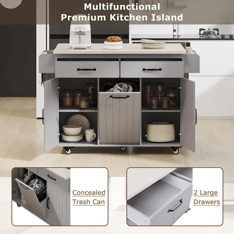 Kitchen Island with Trash Can Storage Cabinet, Drop-Leaf Cart, Spice&Towel Rack, Rolling Cart On Wheels with Adjustable Shelf
