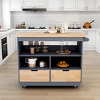 Wood Rolling Kitchen Island with 2 Drawers and 3 Open Compartments