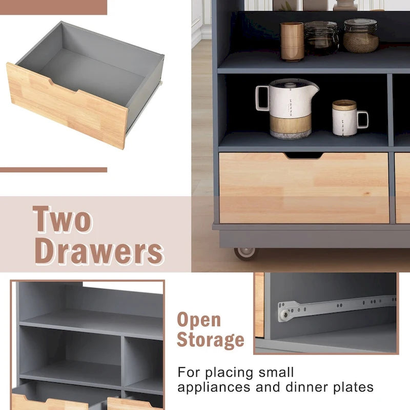 Wood Rolling Kitchen Island with 2 Drawers and 3 Open Compartments