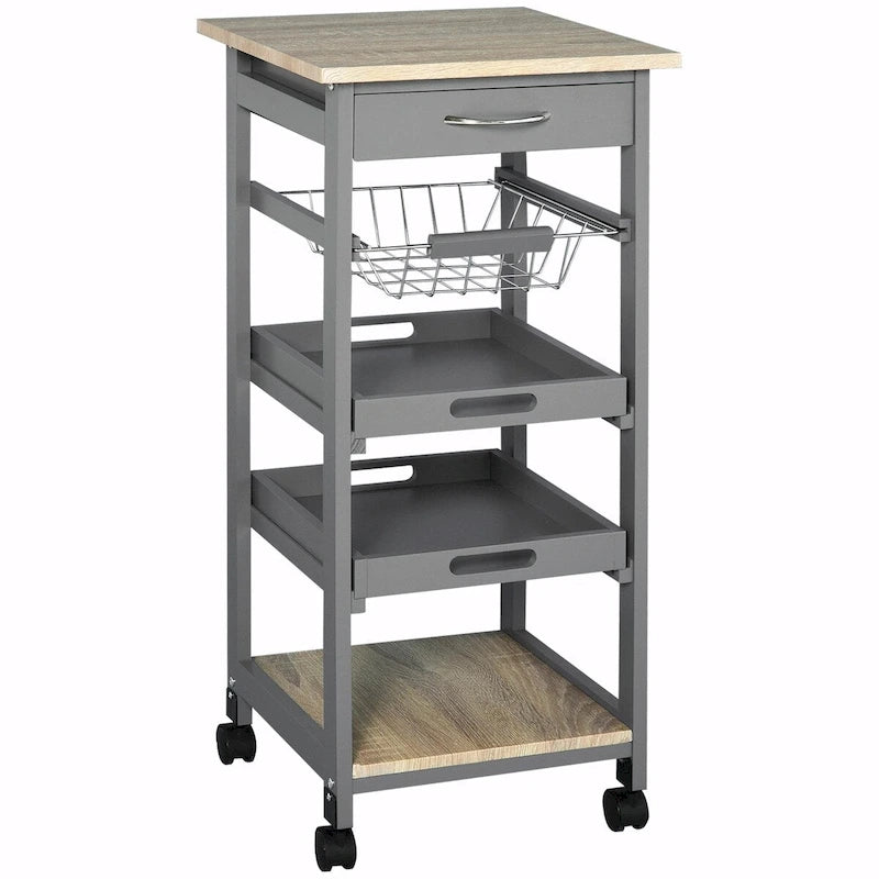 Rolling Kitchen Island Cart with Drawer & Wire Basket