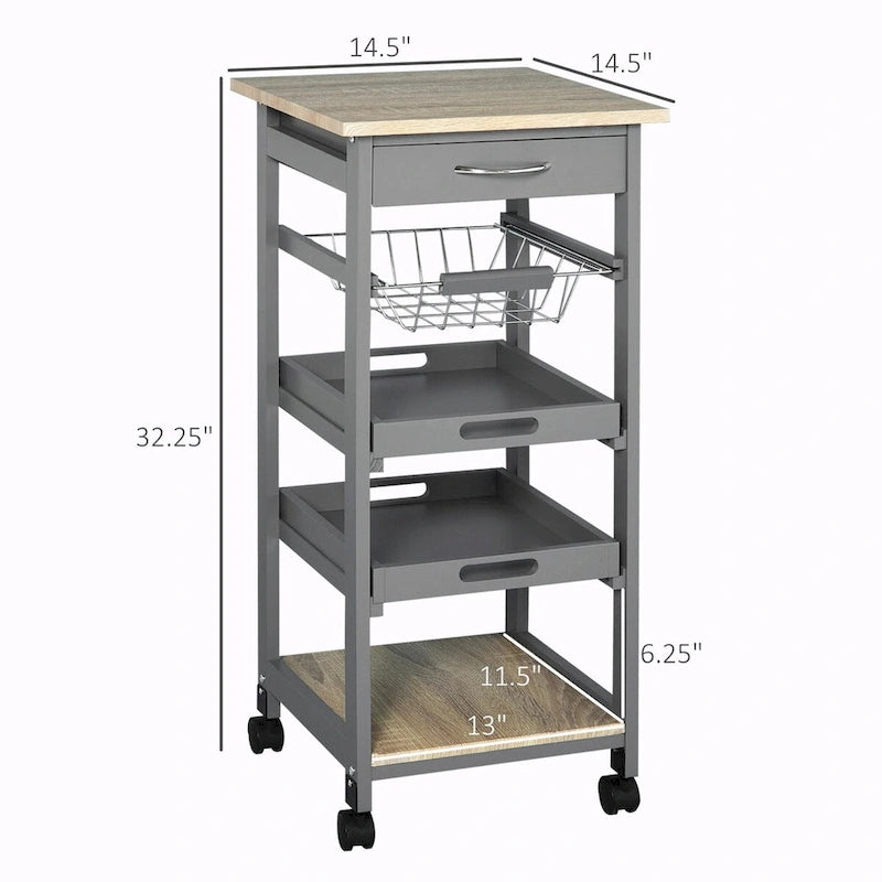 Rolling Kitchen Island Cart with Drawer & Wire Basket