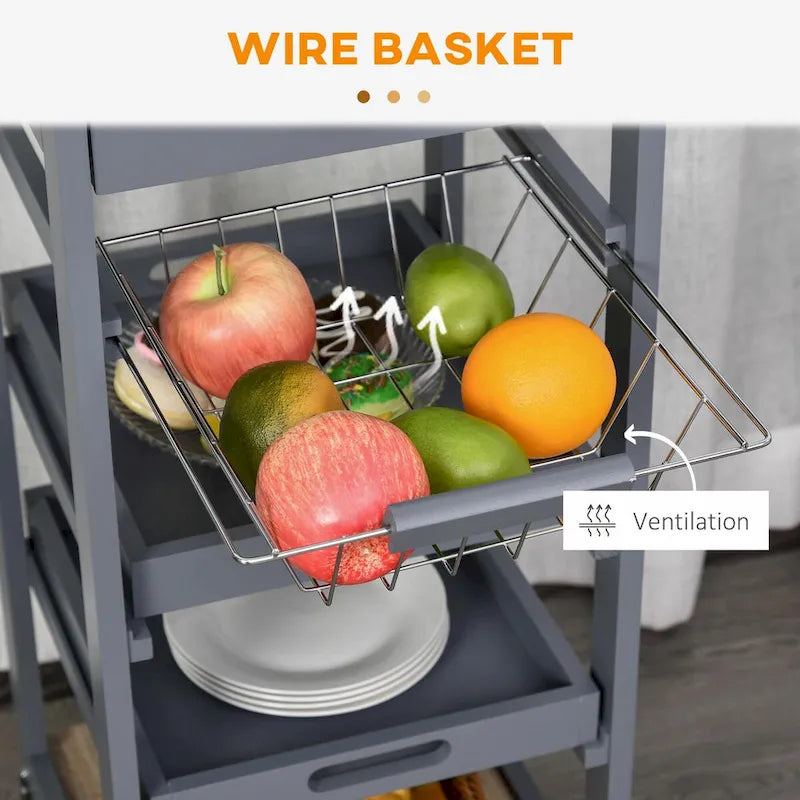 Rolling Kitchen Island Cart with Drawer & Wire Basket