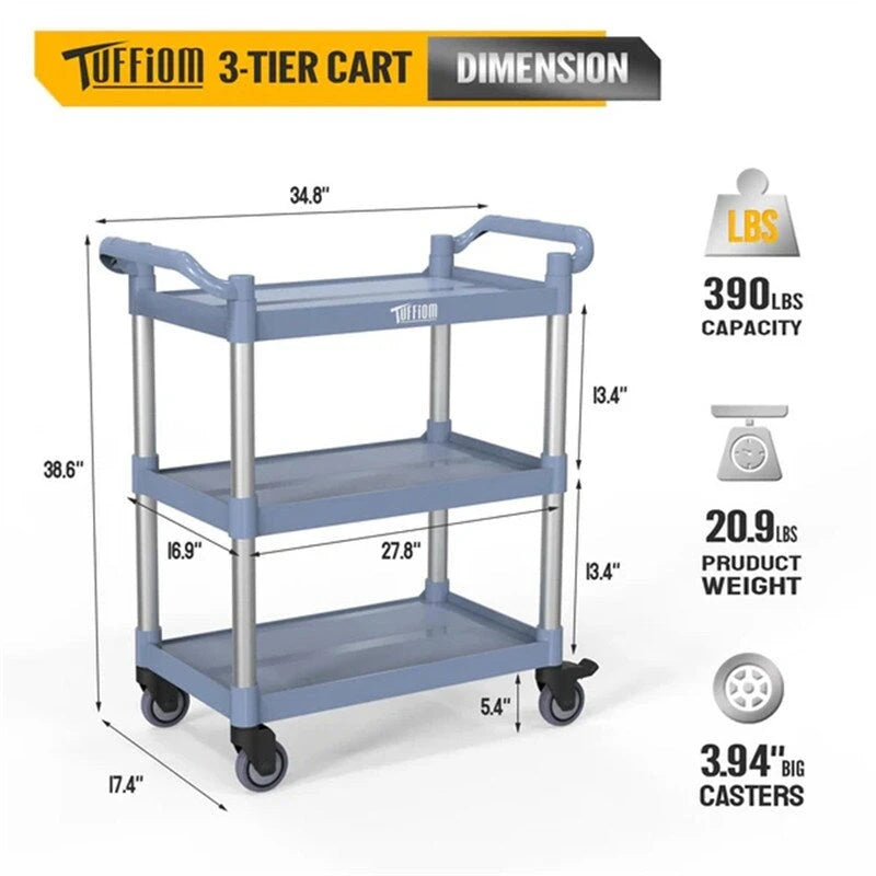 3 Tier Medium 390lbs Capacity Plastic Utility Cart with Wheels Grey