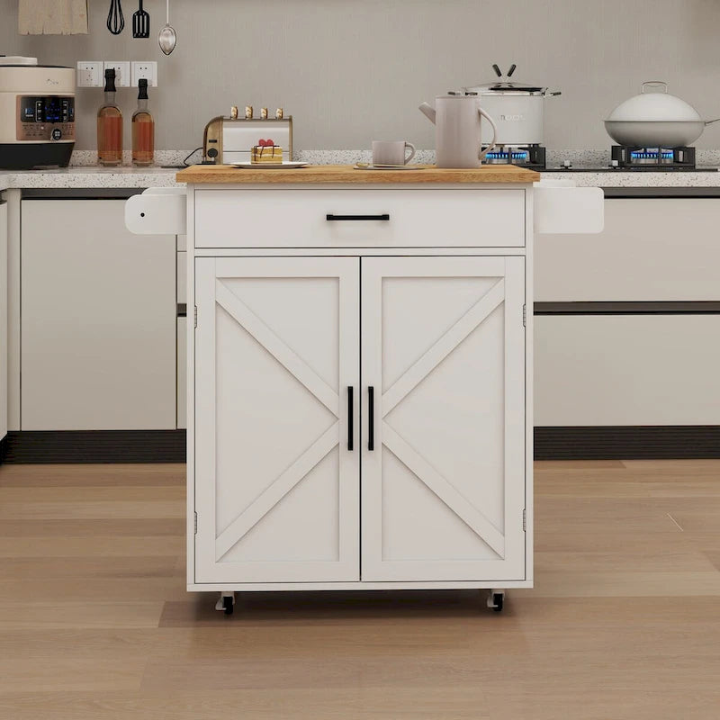 White Rubber Wood Kitchen Cart with Adjustable Shelves, Towel Rack
