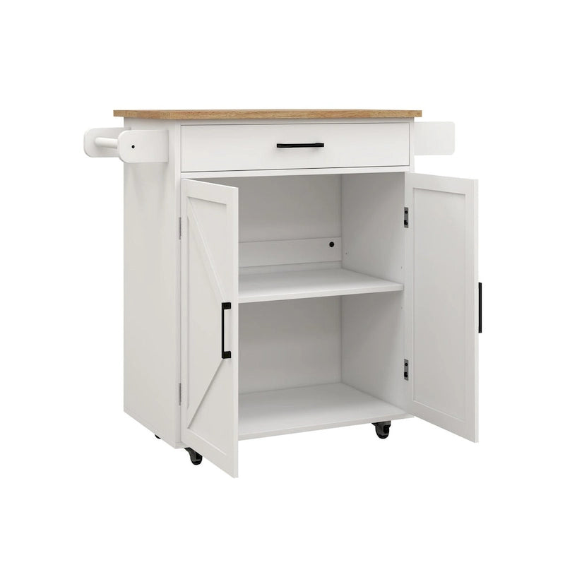 White Rubber Wood Kitchen Cart with Adjustable Shelves, Towel Rack
