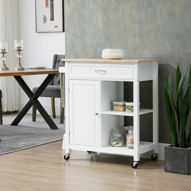 Rolling Kitchen Island Cart with Solid Wood Top and Drawer