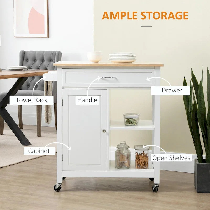 Rolling Kitchen Island Cart with Solid Wood Top and Drawer