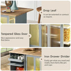 Kitchen Island with Drop Leaf,Light Cart on Wheels with 2 Glass and 1 Flip Cabinet Door,Island Cart with an Shelf and 2 Drawers