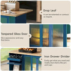 Kitchen Island with Drop Leaf,Light Cart on Wheels with 2 Glass and 1 Flip Cabinet Door,Island Cart with an Shelf and 2 Drawers