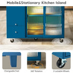 Kitchen Island with Drop Leaf,Light Cart on Wheels with 2 Glass and 1 Flip Cabinet Door,Island Cart with an Shelf and 2 Drawers
