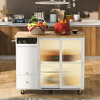 Kitchen Island with Drop Leaf,Light Cart on Wheels with 2 Glass and 1 Flip Cabinet Door,Island Cart with an Shelf and 2 Drawers