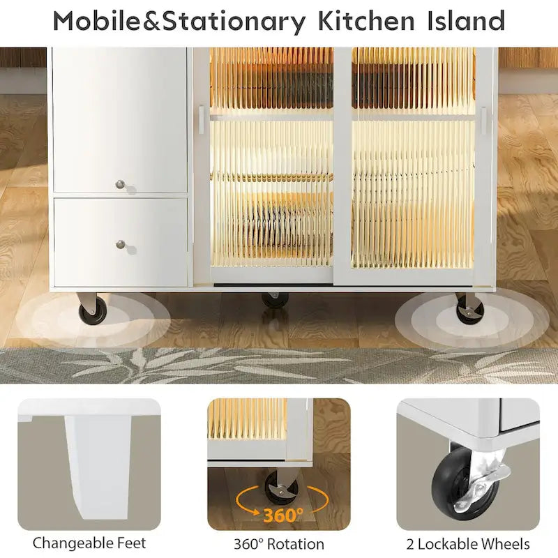 Kitchen Island with Drop Leaf,Light Cart on Wheels with 2 Glass and 1 Flip Cabinet Door,Island Cart with an Shelf and 2 Drawers