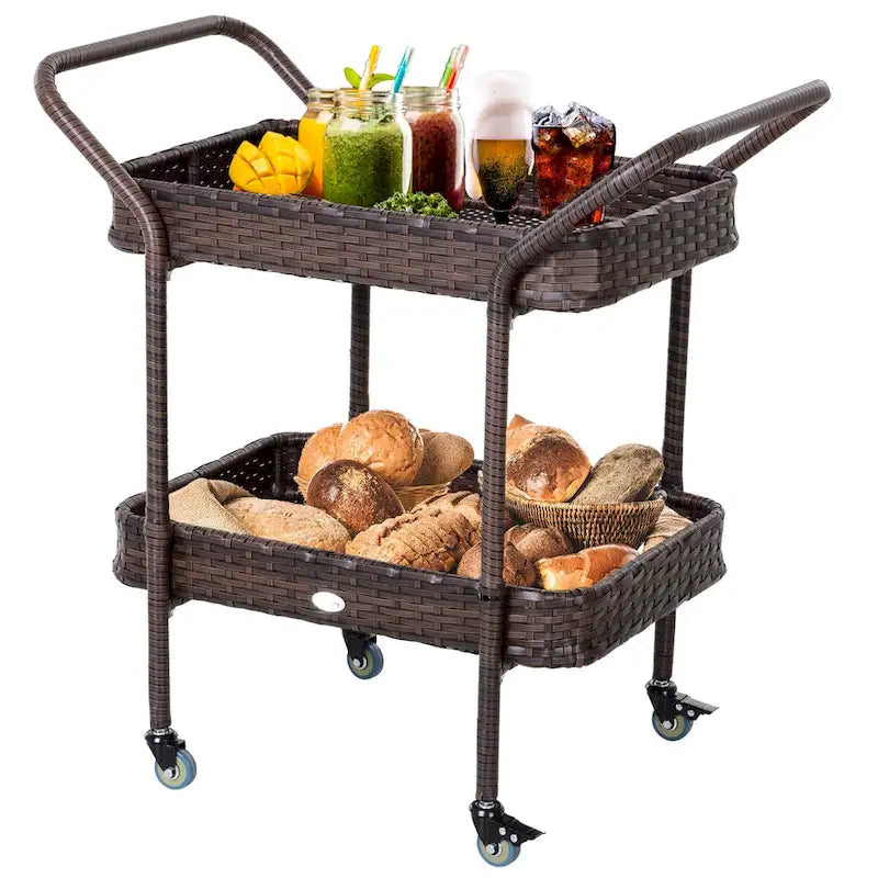 Rattan Wicker Serving Cart with 2-Tier Open Shelf, Brakes