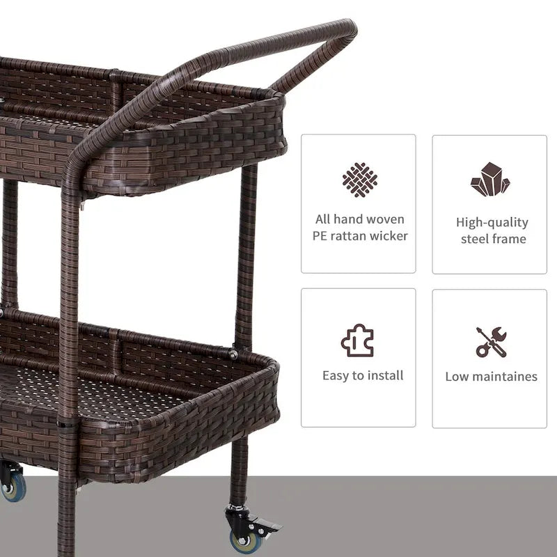 Rattan Wicker Serving Cart with 2-Tier Open Shelf, Brakes