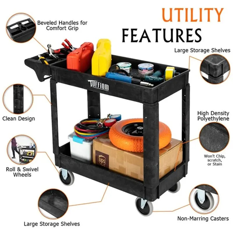 2 Tier Large 550lbs Capacity Shelf Plastic Utility Cart with Wheels Black