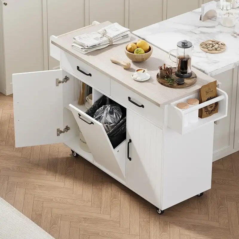 Rolling Kitchen Island with Trash Can, Kitchen Cart with Drop Leaf, Adjustable Shelf