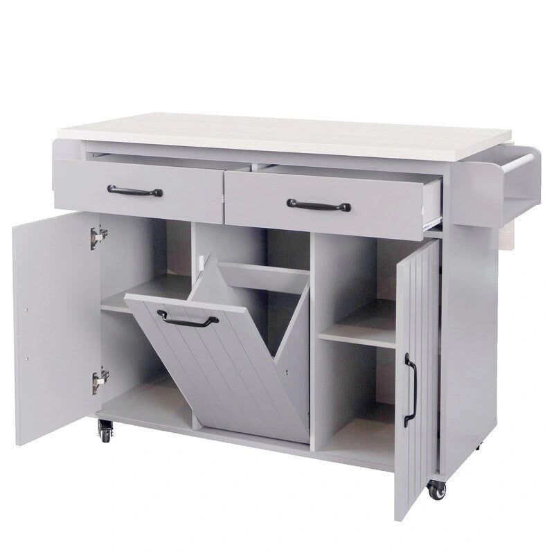 Rolling Kitchen Island with Trash Can, Kitchen Cart with Drop Leaf, Adjustable Shelf