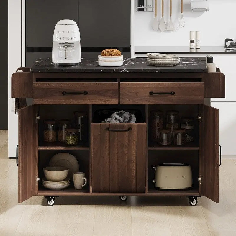 Rolling Kitchen Island with Trash Can, Kitchen Cart with Drop Leaf, Adjustable Shelf