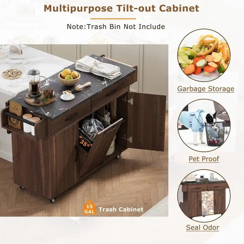 Rolling Kitchen Island with Trash Can, Kitchen Cart with Drop Leaf, Adjustable Shelf