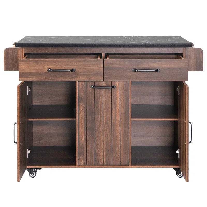 Rolling Kitchen Island with Trash Can, Kitchen Cart with Drop Leaf, Adjustable Shelf