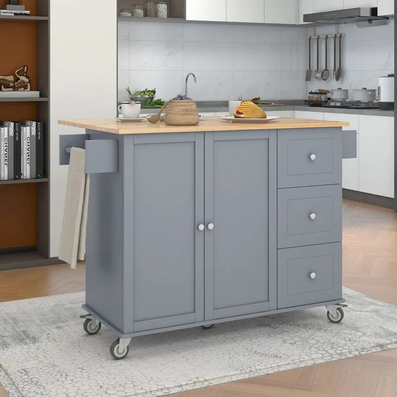 52.7 Rolling Mobile Kitchen Island with Solid Wood Top