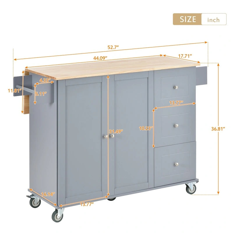 52.7 Rolling Mobile Kitchen Island with Solid Wood Top
