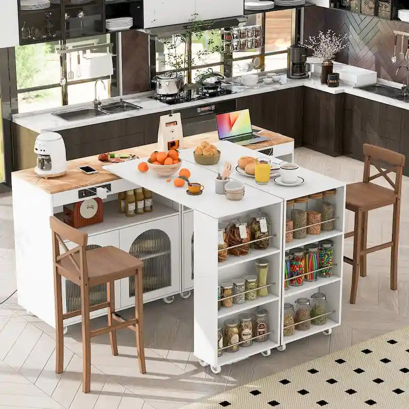 33 in. W Kitchen Island Rubberwood Top on 8 Wheels With Extended Table, LED Lights, Power Outlets