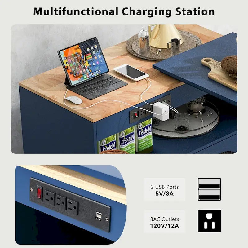 33 in. W Kitchen Island Rubberwood Top on 8 Wheels With Extended Table, LED Lights, Power Outlets
