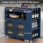 33 in. W Kitchen Island Rubberwood Top on 8 Wheels With Extended Table, LED Lights, Power Outlets