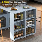 33 in. W Kitchen Island Rubberwood Top on 8 Wheels With Extended Table, LED Lights, Power Outlets