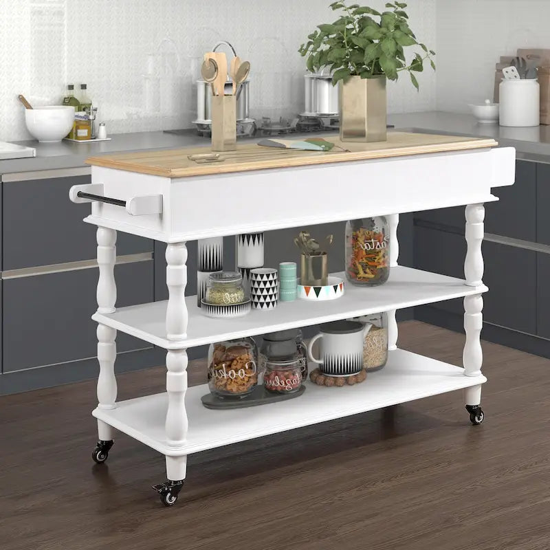 Rolling Kitchen Island Cart with Solid Oak Wood Top, Wine and Spice Rack