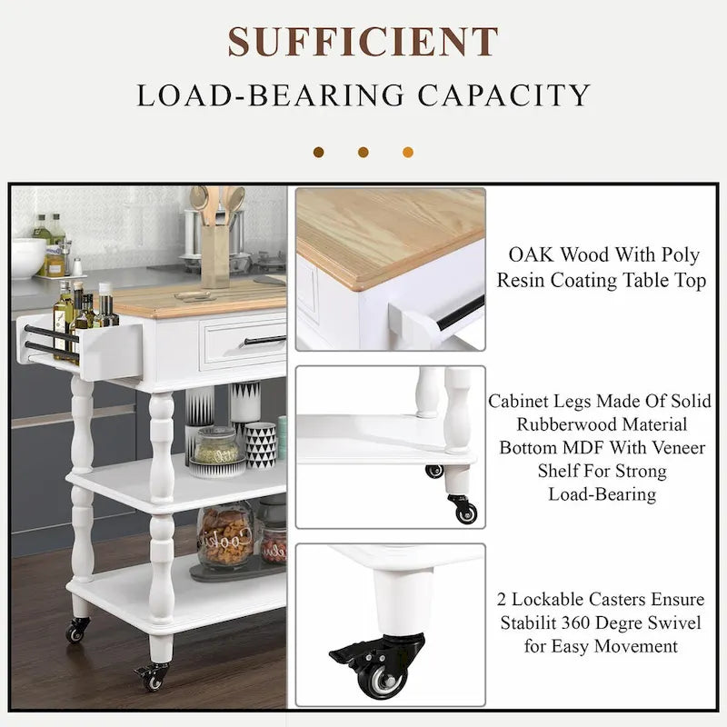 Rolling Kitchen Island Cart with Solid Oak Wood Top, Wine and Spice Rack