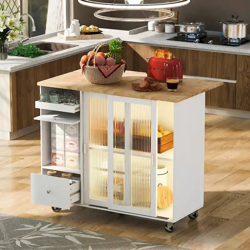 Kitchen Island with Drop Leaf, LED Light