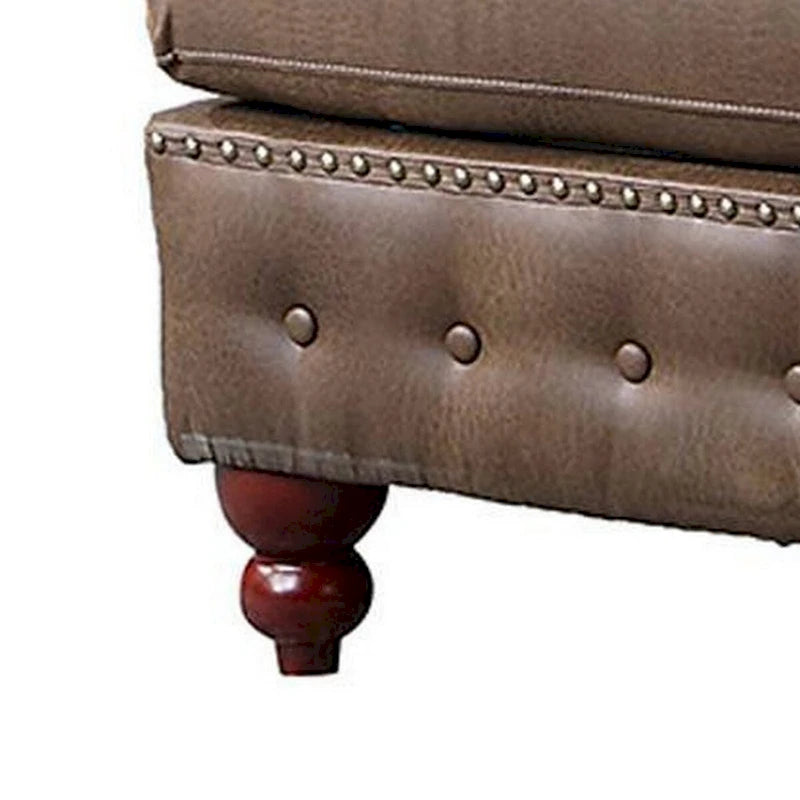 Simi 34 Inch Square Ottoman, Handcrafted Legs, Brown Vegan Faux Leather