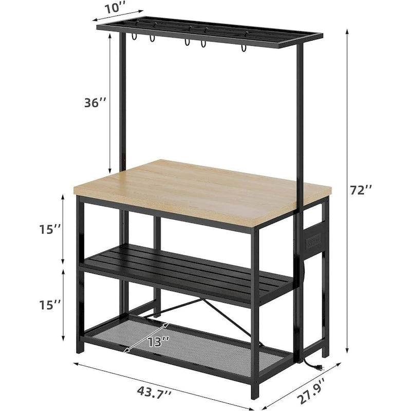 42 Kitchen Island Bakers Rack with 3 Tier Shelf and Hooks - N/A