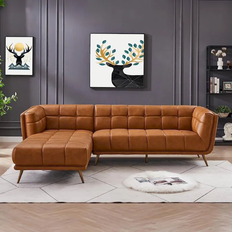Cognac Tan Chesterfield Genuine Leather Sectional Sofa - Mid-Century Modern