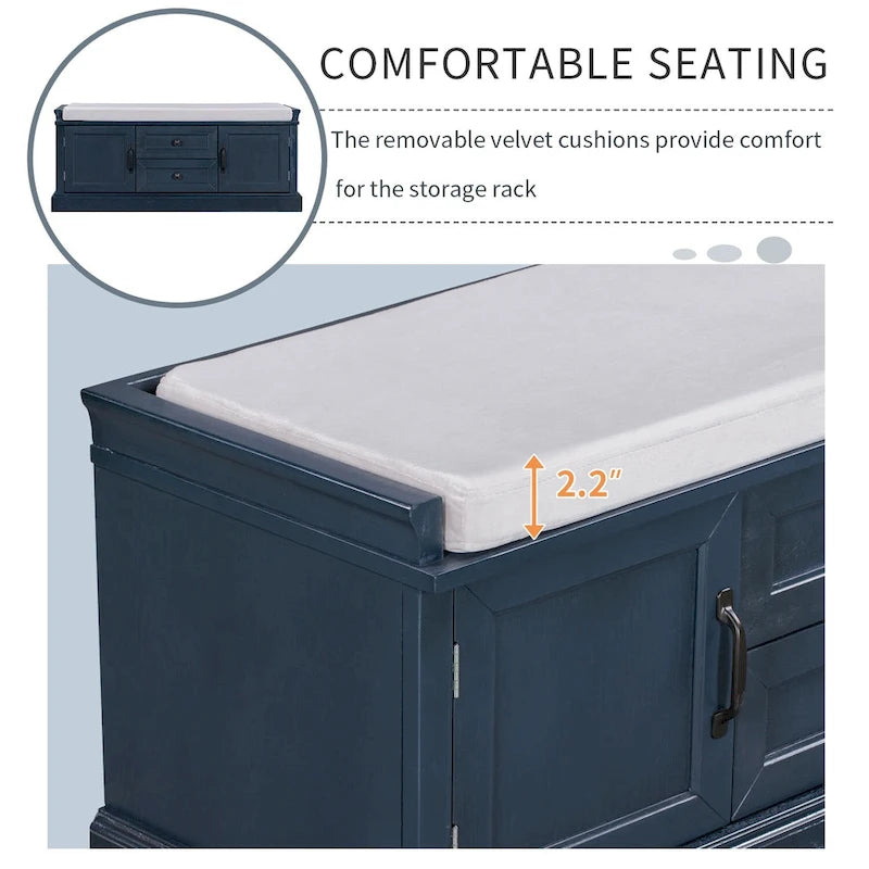 Storage Shoes Bench with 2 Drawers, 2 Cabinets and Removable Cushion