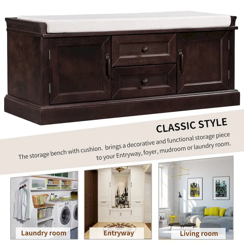 Storage Shoes Bench with 2 Drawers, 2 Cabinets and Removable Cushion