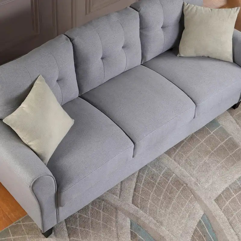 Light Grey-Blue Linen Upholstered Modern 3-Seat Sofa, Comfortable Cushion