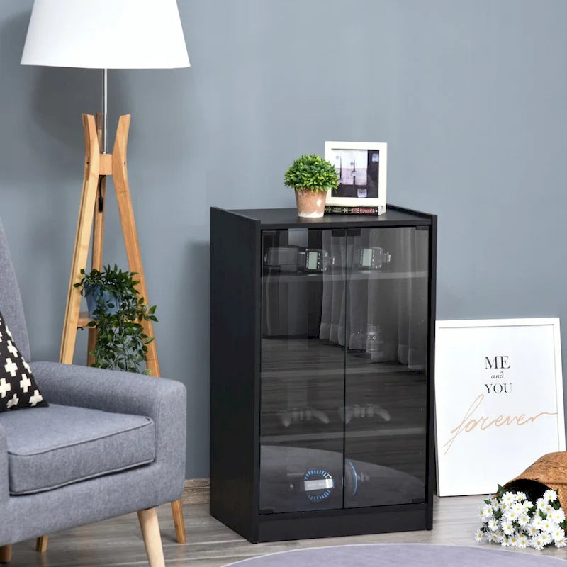 5-Tier Media Stand Cabinet with 3-Level Adjustable Shelves, Tempered Glass Doors, and Cable Management, Distressed Black