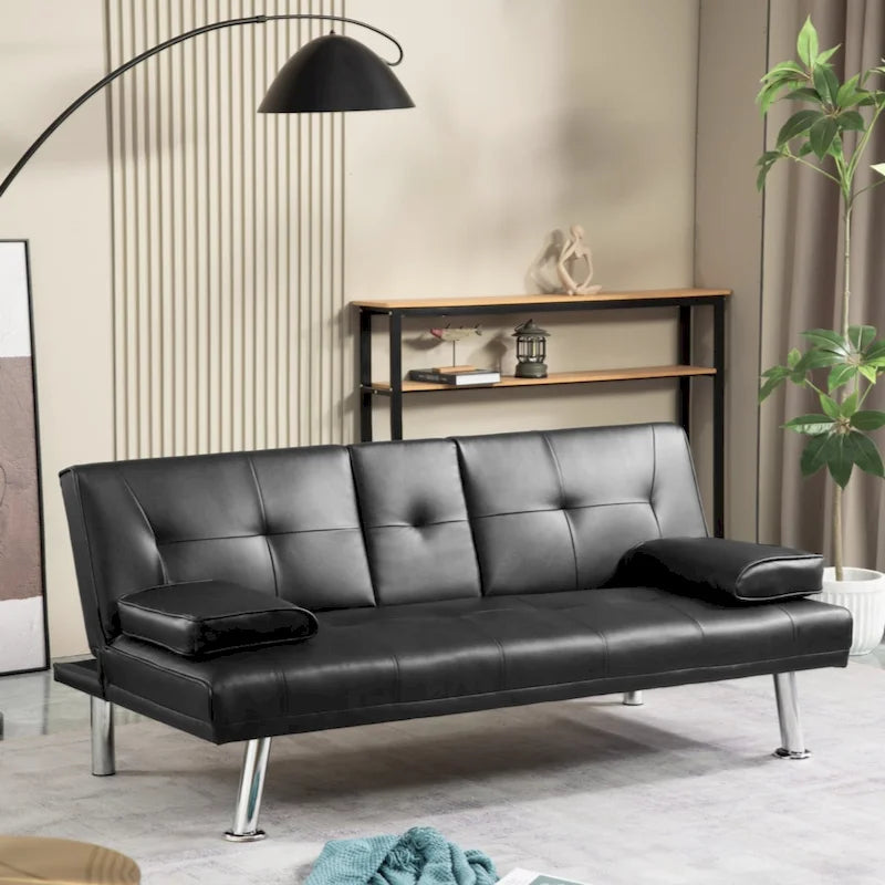 PU Upholstered Modern Convertible Folding Futon Sofa Bed Removable Armrests, Metal Legs, with 2 Cupholders