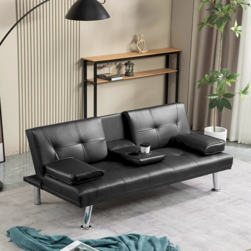PU Upholstered Modern Convertible Folding Futon Sofa Bed Removable Armrests, Metal Legs, with 2 Cupholders