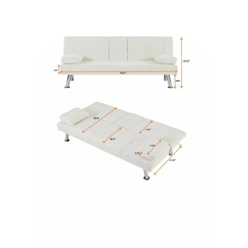 PU Upholstered Modern Convertible Folding Futon Sofa Bed Removable Armrests, Metal Legs, with 2 Cupholders