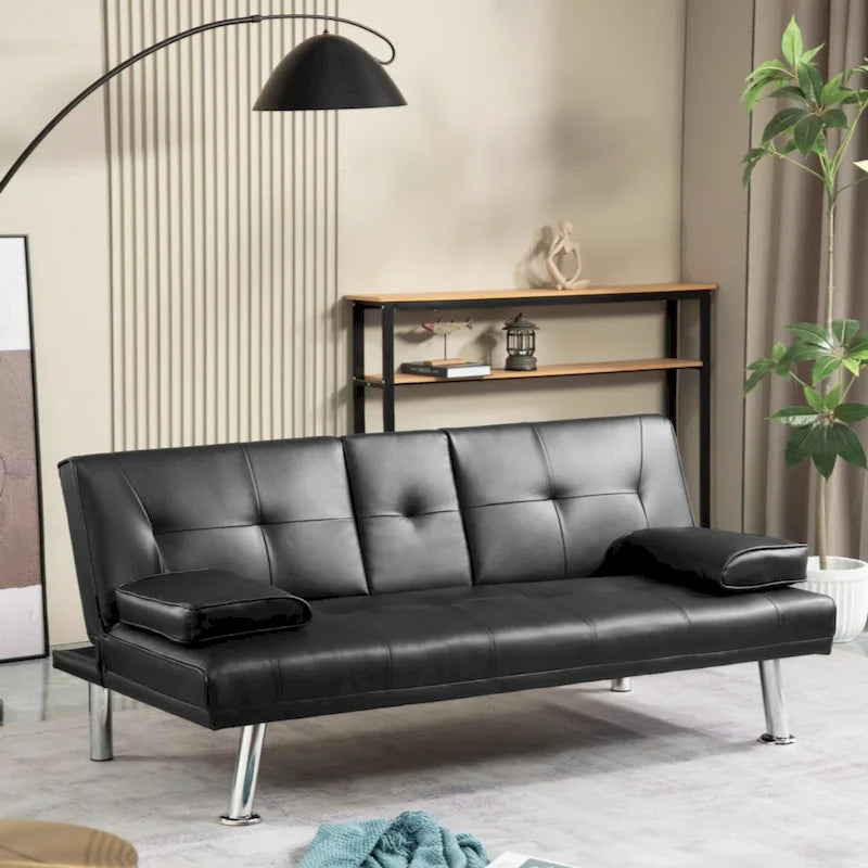 PU Upholstered Modern Convertible Folding Futon Sofa Bed Removable Armrests, Metal Legs, with 2 Cupholders