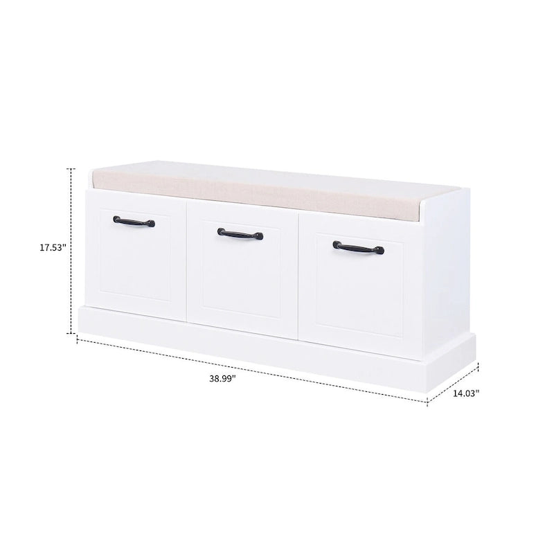 Minimalist Wooden Storage Bench with Seat Cushion, White
