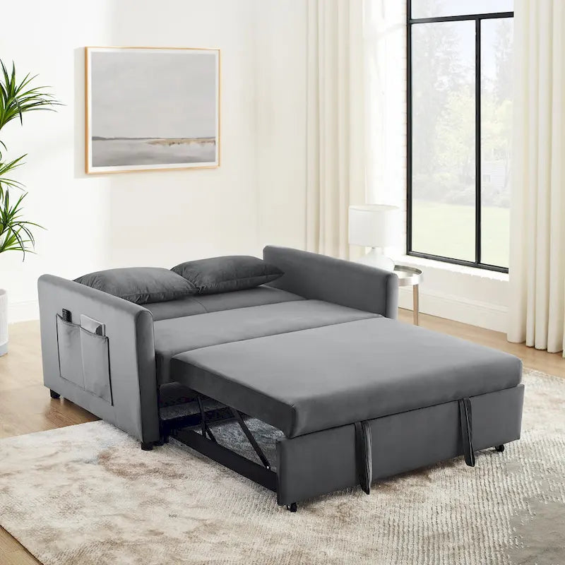 Convertible Sofa Bed, 3-In-1 Versatile Velvet Double Sofa With Pullout Bed