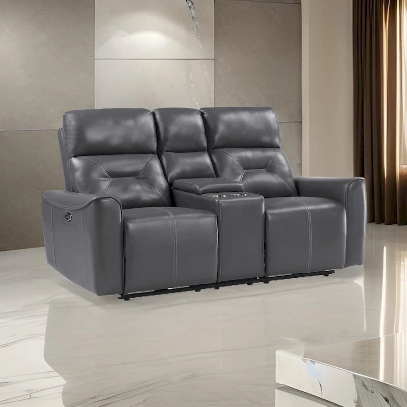 Well 73 Inch Power Double Recliner Loveseat, Dark Gray Faux Leather, Wood