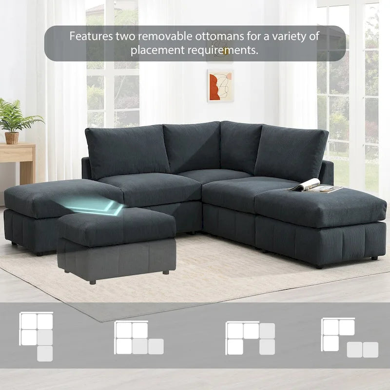 Modern L-Shape 5-Seat Sectional Sofa, Armless Couch Set,Ottomans,Various Combinations,Dark Gray