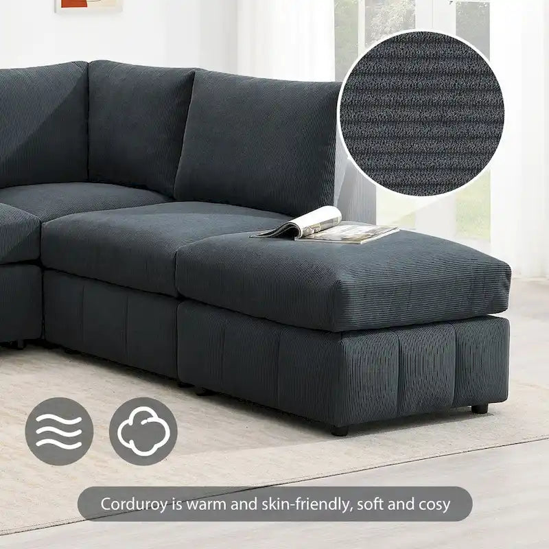 Modern L-Shape 5-Seat Sectional Sofa, Armless Couch Set,Ottomans,Various Combinations,Dark Gray