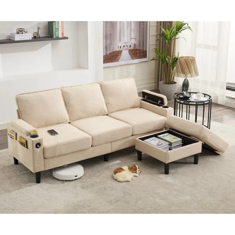 Upholstered 3-seat Sofa with Storage Ottoman for Living Room